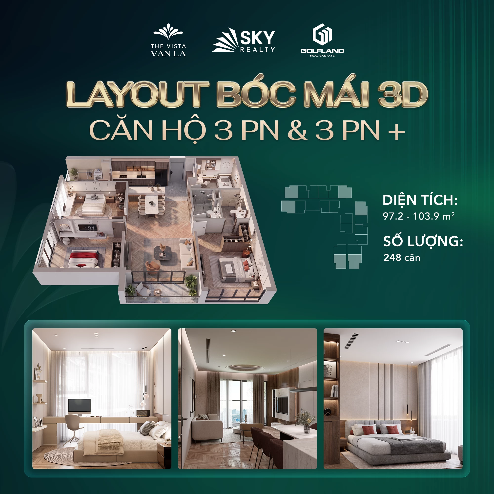 Layout bóc mái căn hộ 3PN điển hình