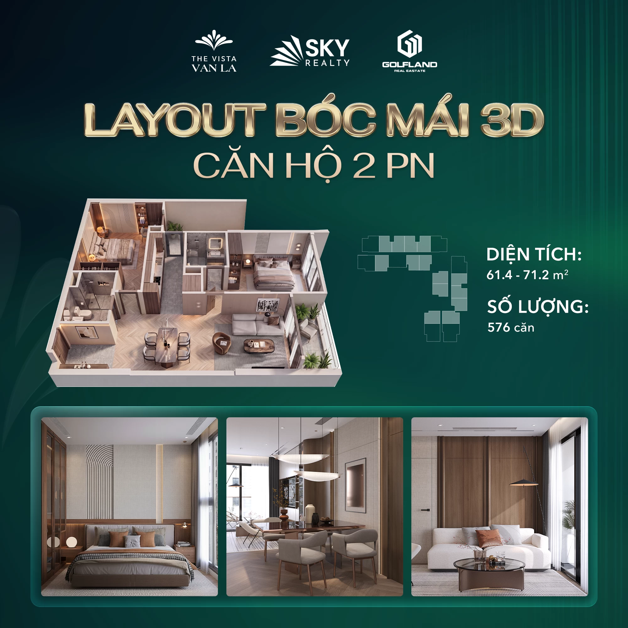 Layout bóc mái căn hộ 2PN điển hình