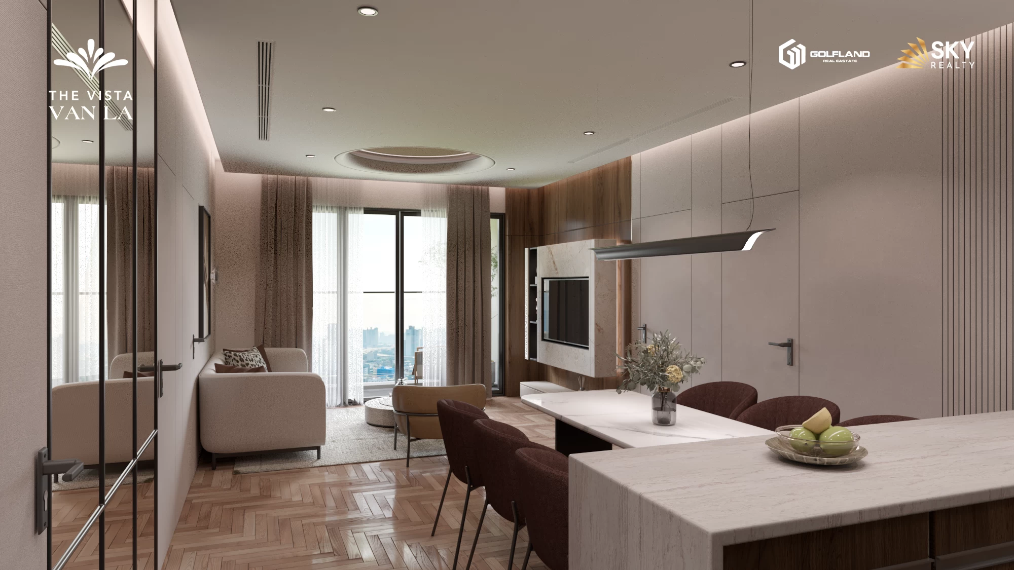 Phối cảnh phòng bếp & phòng khách The Vista Văn La